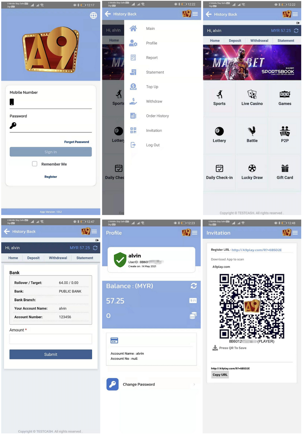 A9 A9Play account wallet management login deposit withdraw profile invitation