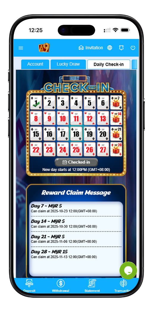 A9Play Sign Up Daily Check-In